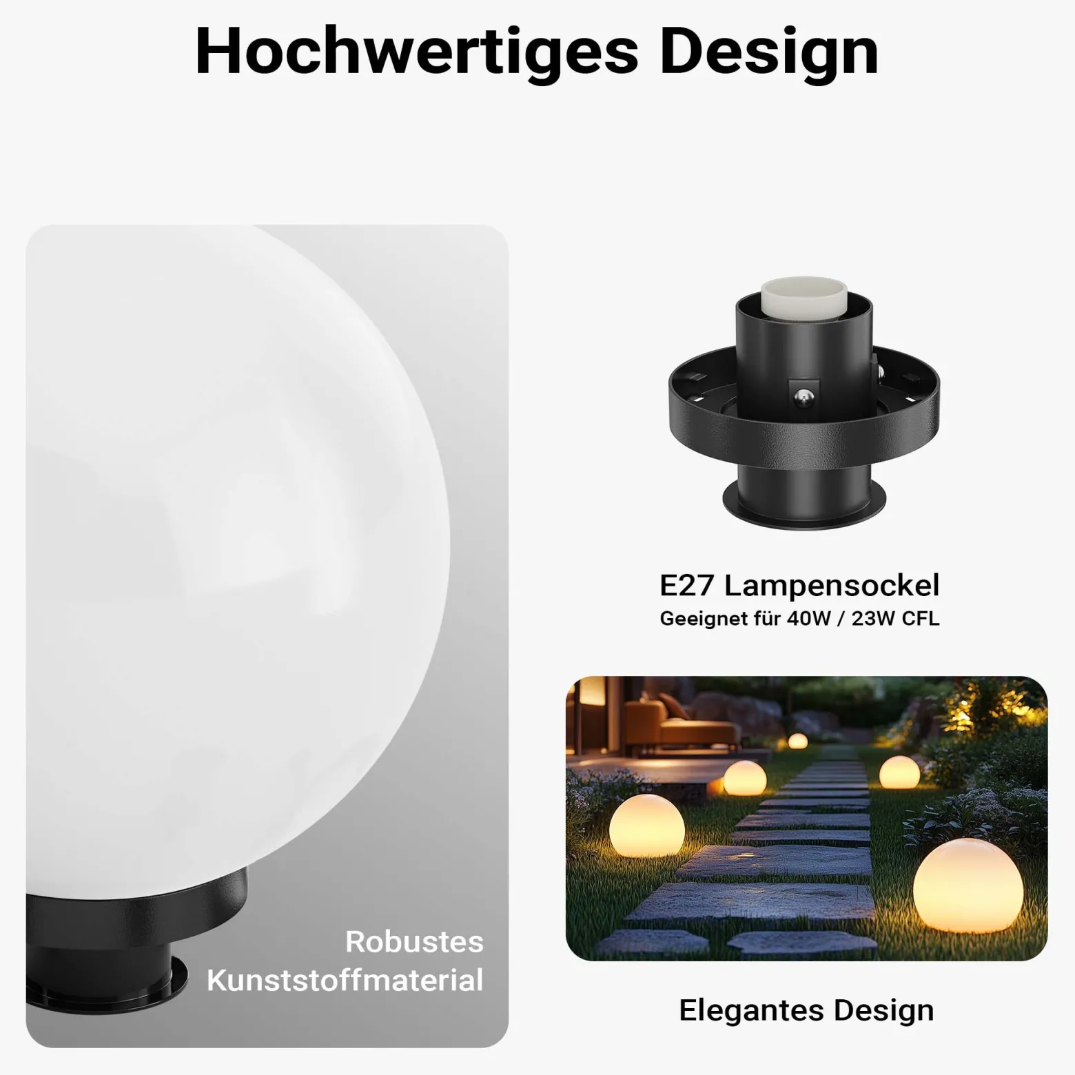 Wiltec Kugelleuchte Ø 30 cm mit Erdspieß, Gartenleuchte 40 W mit Kugellampe, Gartenbeleuchtung mit E-27 Fassung, IP44 Außenbeleuchtung Garten