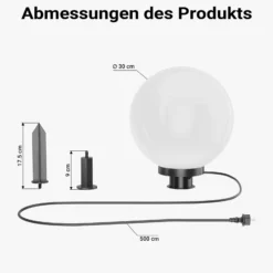 Wiltec Kugelleuchte Ø 30 cm mit Erdspieß, Gartenleuchte 40 W mit Kugellampe, Gartenbeleuchtung mit E-27 Fassung, IP44 Außenbeleuchtung Garten