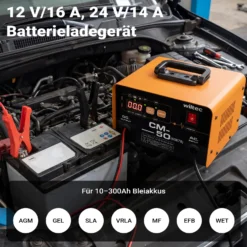 Wiltec Ladegerät 12-24 V, 16 Ah, 30-300 Ah für Autobatterie Kfz und Motorrad Starthilfe 490 W, intelligenter Lader mit LCD-Display und Tragegriff