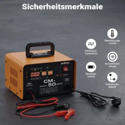 Wiltec Ladegerät 12-24 V, 16 Ah, 30-300 Ah für Autobatterie Kfz und Motorrad Starthilfe 490 W, intelligenter Lader mit LCD-Display und Tragegriff