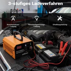 Wiltec Ladegerät 6-12 V, Batterieladegerät mit variabler Stromstärke 3–10A, 10-150 Ah für Autobatterie Kfz und Motorrad, intelligenter Lader mit LCD-Display und Tragegriff