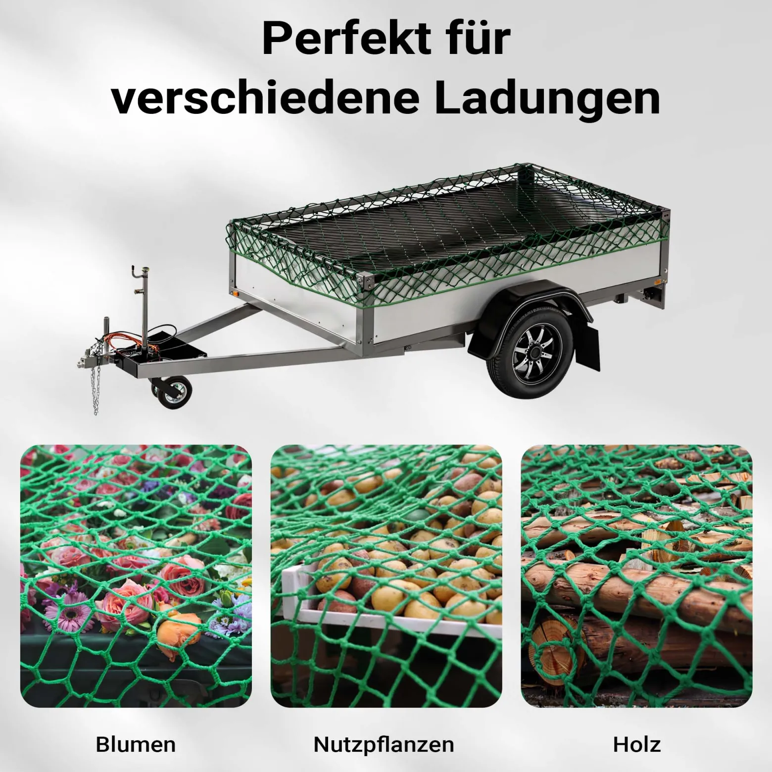 Wiltec Ladungssicherungsnetz 3,5x2,5m Grün Masche 4,5x4,5 cm Stärke 3 mm Polypropylen Transportnetz für Anhänger mit Randkördel Witterungsbeständig Ladung Sicherheit