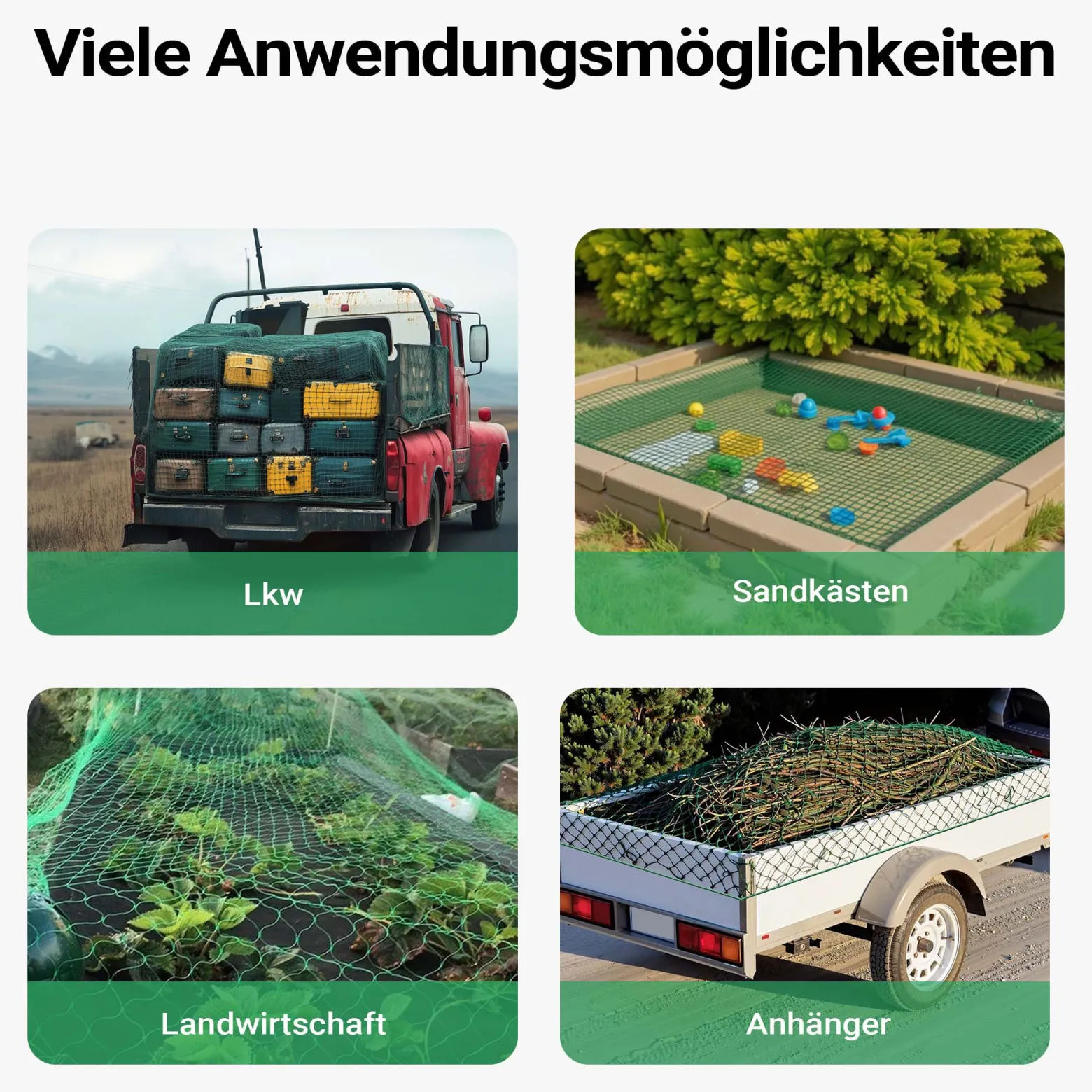 Wiltec Ladungssicherungsnetz 4x2m Grün Masche 4,5x4,5 cm Stärke 3 mm Polypropylen Transportnetz für Anhänger mit Randkördel Witterungsbeständig Ladung Sicherheit