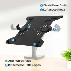 Wiltec Laptopablage für Monitorhalter, Laptopständer aus Stahl mit Breitenanpassung, Laptophalter kompatibel mit VESA 100 x 100 und 75 x 75, Notebook Halterung mit Rutschschutz