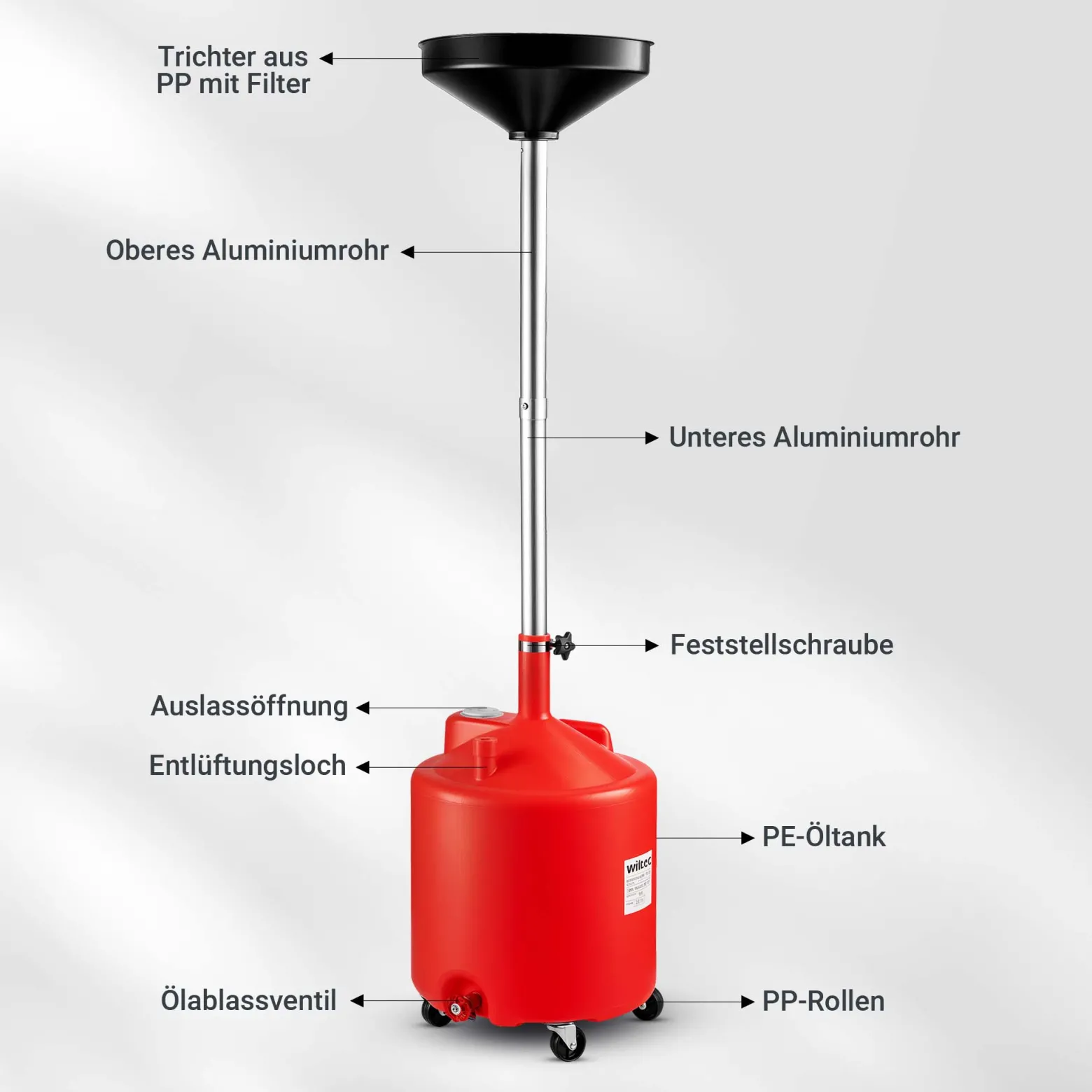 Wiltec Ölauffangwagen 75 l Ölablassgerät 145-185 cm, höhenverstellbarer Ölauffangbehälter mit großem Trichter Ø 41 cm, Altölauffangbehälter ideal für Ölwechsel bei Auto und Motorrad