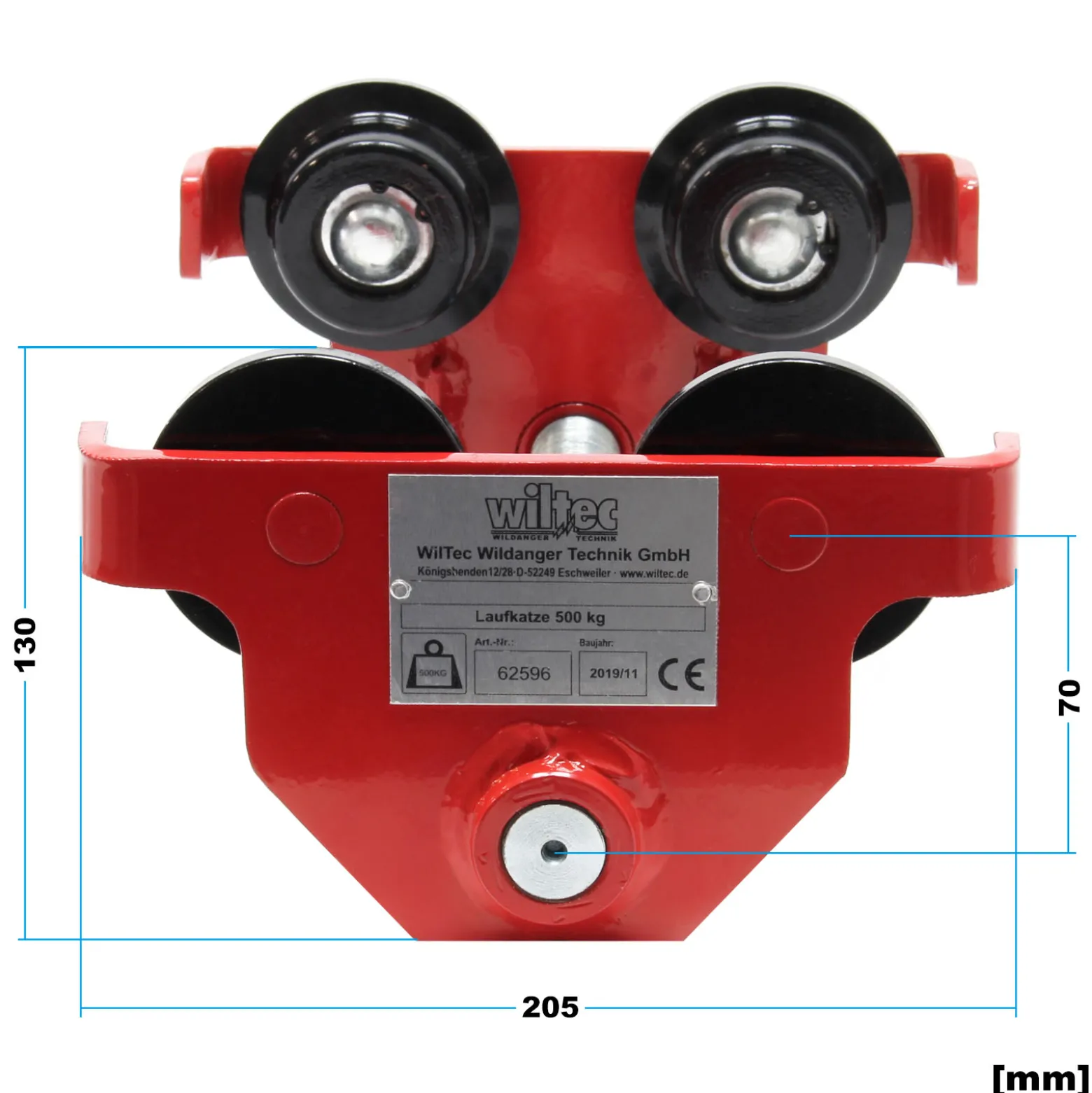 Wiltec Laufkatze bis 500 kg, 45-220 mm Flanschbreite, Handfahrwerk für Kran, Rollfahrwerk stufenlos justierbar