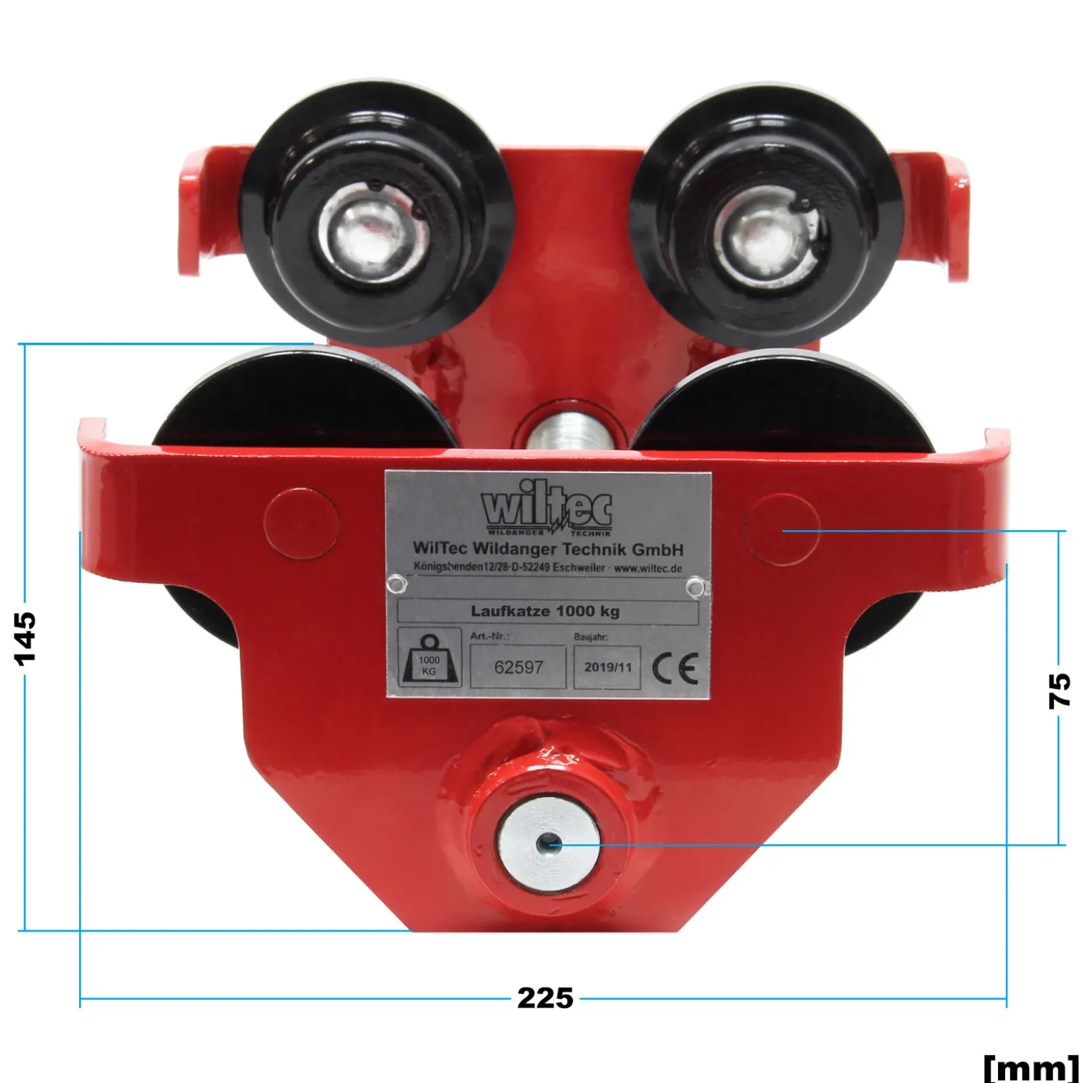 Wiltec Laufkatze bis 1000 kg, 55-210 mm Flanschbreite, Handfahrwerk für Kran, Rollfahrwerk stufenlos justierbar