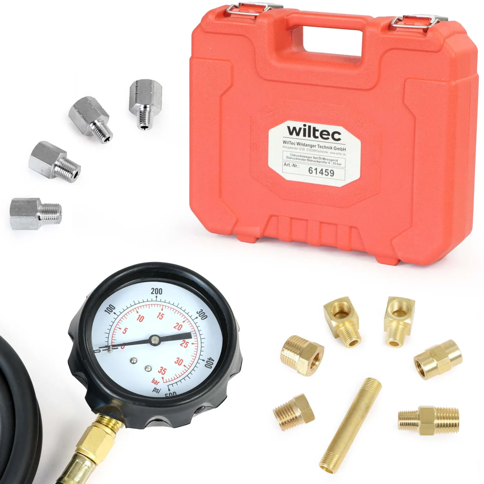 Wiltec Öldruckprüfer 12-teilig, 0-35 bar, Öldruckmesser mit 1500 mm Schlauch, Öldrucktester für Pkw und Lkw, Druckprüfer Motoröl, Messgerät Prüfgerät im Koffer