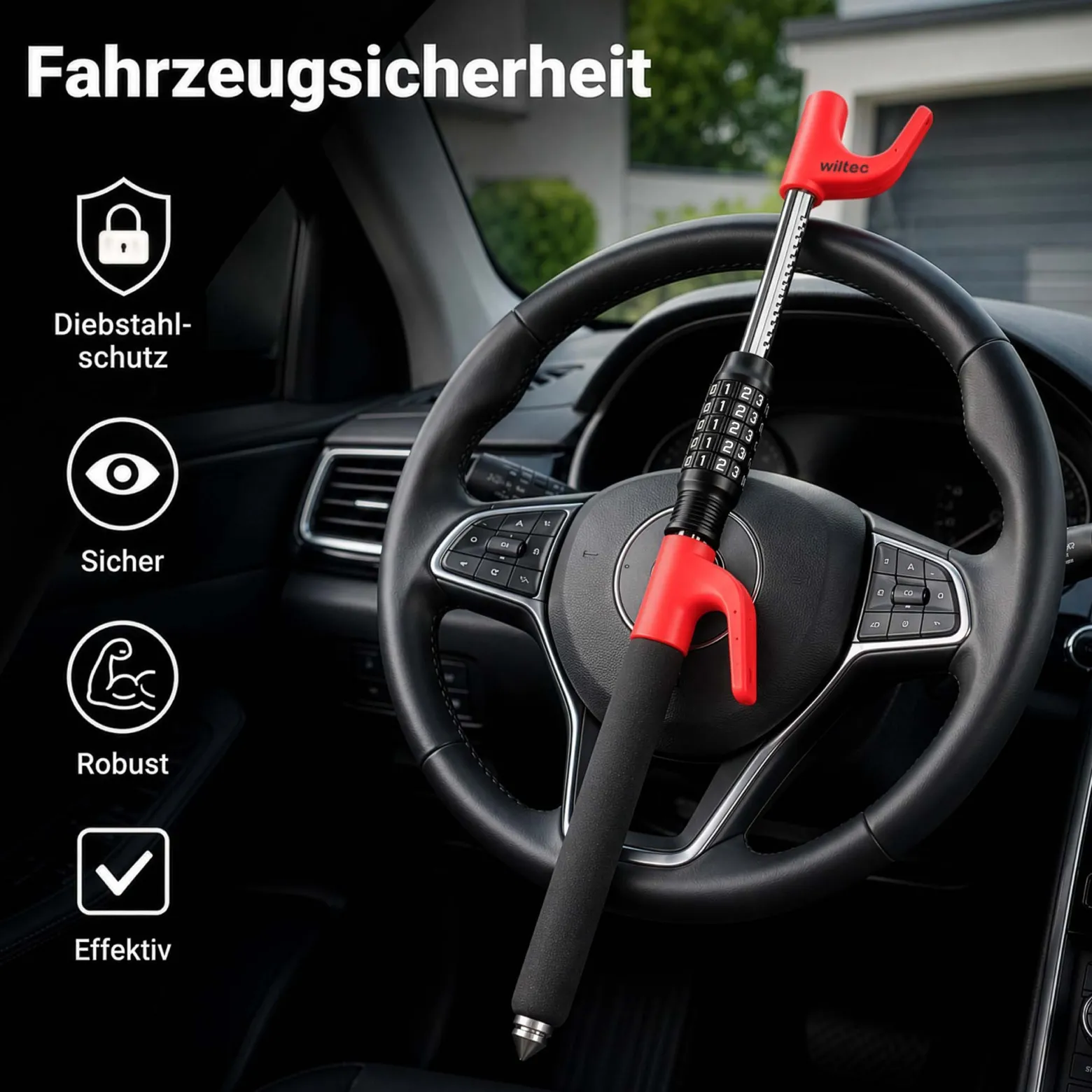 Wiltec Lenkradsperre mit Nothammer ausziehbar bis 67 cm als Lenkradschloss und Diebstahlsicherung fürs Auto