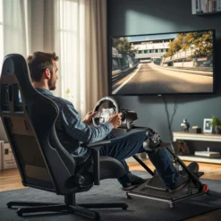 Wiltec Lenkradständer klappbar 68 x 82 x 83 cm, Lenkrad Halterung für Sim Racing, Lenkrad Ständer mit Befestigungspunkte für Lenkrad, Schalthebel und Pedale