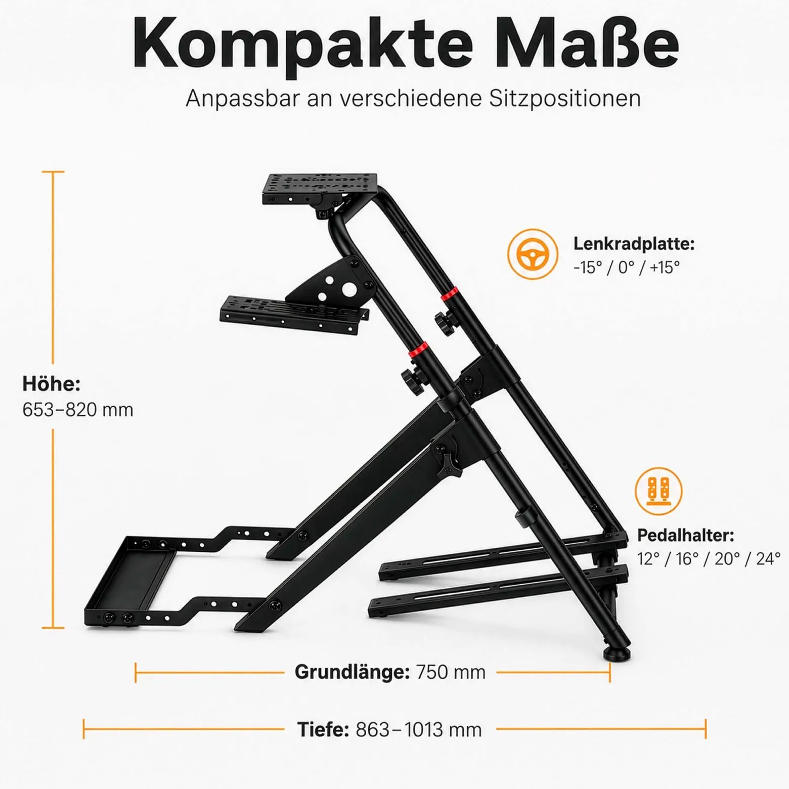 Wiltec Lenkradständer klappbar mit Pedalhalter belastbar bis 20 kg, höhenverstellbarer Sim Racing Stand kompatibel mit vielen Gaming Lenkrädern und Pedalen