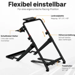 Wiltec Lenkradständer klappbar mit Pedalhalter belastbar bis 20 kg, höhenverstellbarer Sim Racing Stand kompatibel mit vielen Gaming Lenkrädern und Pedalen