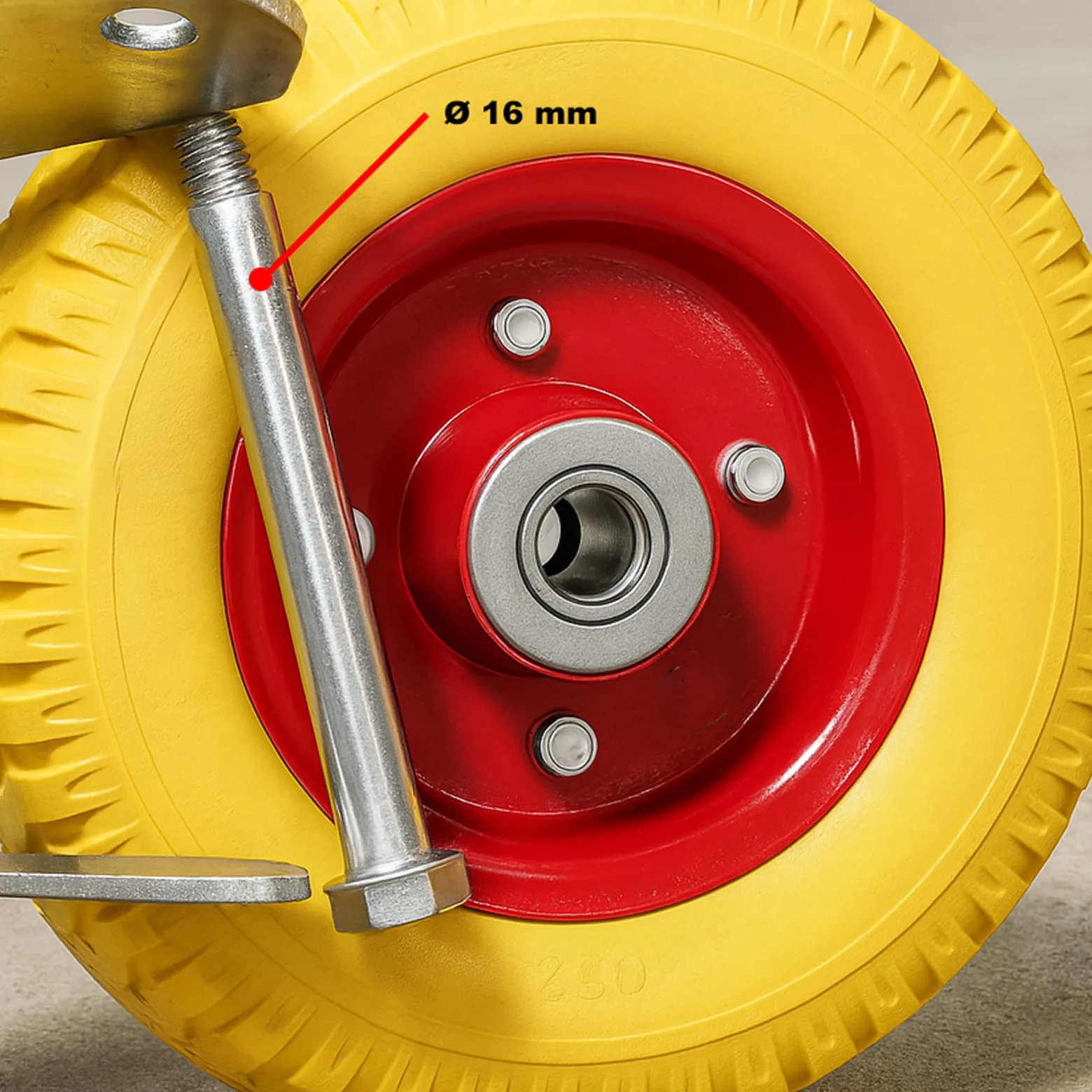 Wiltec Lenkrollen Set 4x Ø220mm Transportrolle 58mm breit bis 100kg pro Rad gelb aus Vollmaterial mit schwingender Halterung, pannensicher, leiser Lauf