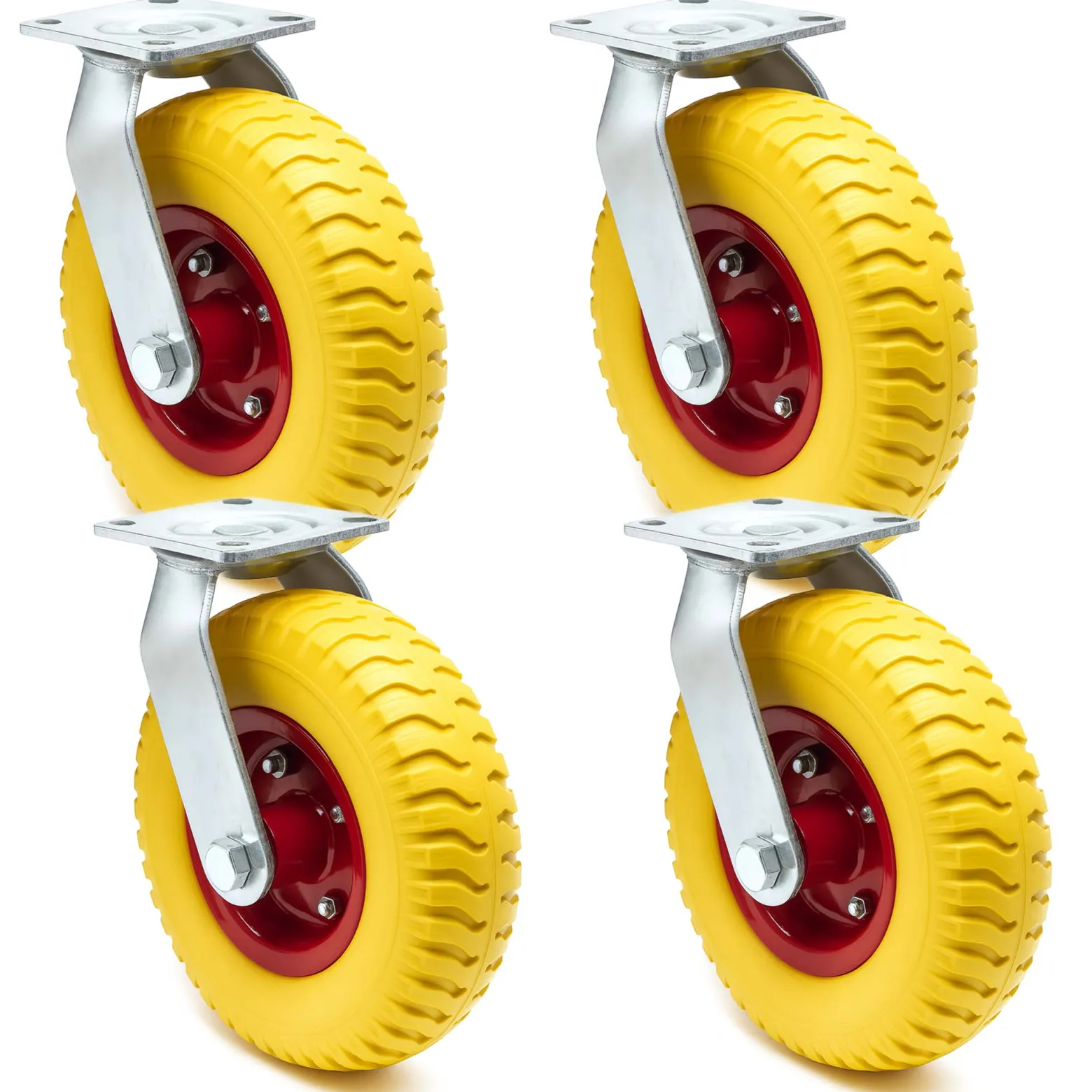 Wiltec Lenkrollen Set 4x Ø220mm Transportrolle 58mm breit bis 100kg pro Rad gelb aus Vollmaterial mit schwingender Halterung, pannensicher, leiser Lauf