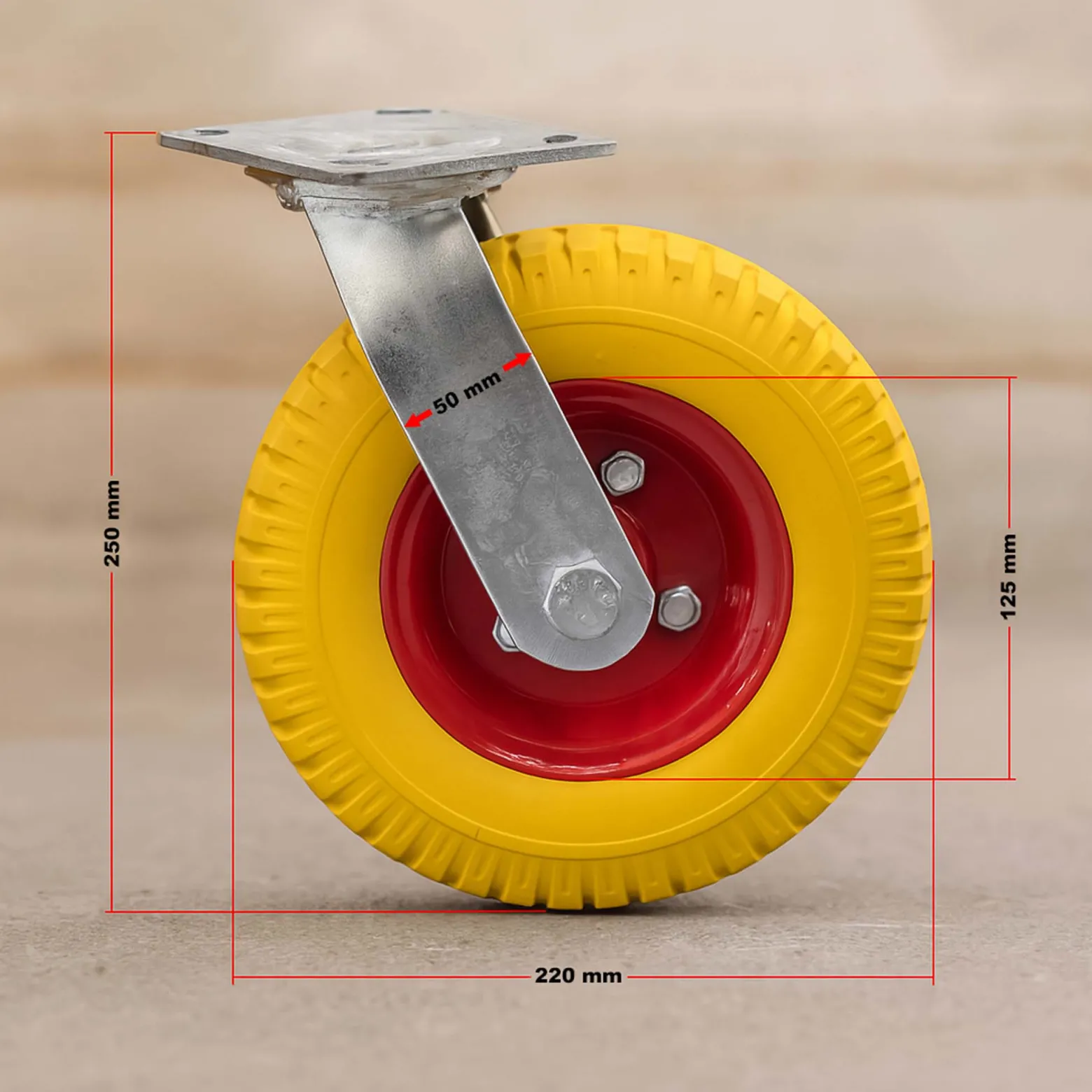 Wiltec Lenkrollen Set 4x Ø220mm Transportrolle 58mm breit bis 100kg pro Rad gelb aus Vollmaterial mit schwingender Halterung, pannensicher, leiser Lauf