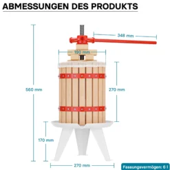 Wiltec 6L Obstpresse aus Buchenholz inkl. Presstuch, manuelle Weinpresse mit 190x270mm Korb, Apfelpresse Fruchtpresse für Obst Wein Maische