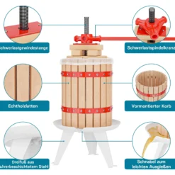 Wiltec 18L Obstpresse aus Buchenholz inkl. Presstuch, manuelle Weinpresse mit 280x365mm Korb, Apfelpresse Fruchtpresse für Obst Wein Maische