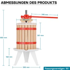 Wiltec 18L Obstpresse aus Buchenholz inkl. Presstuch, manuelle Weinpresse mit 280x365mm Korb, Apfelpresse Fruchtpresse für Obst Wein Maische