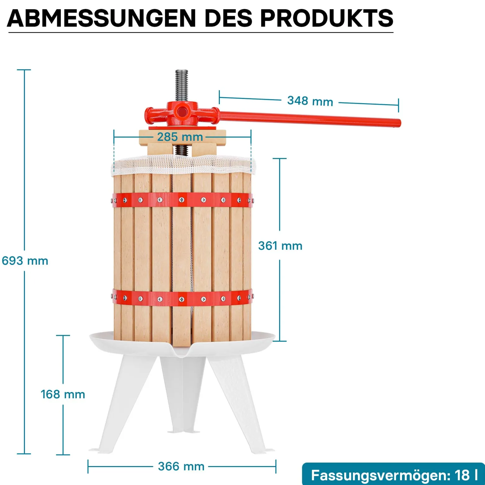 Wiltec 18L Obstpresse aus Buchenholz inkl. Presstuch, manuelle Weinpresse mit 280x365mm Korb, Apfelpresse Fruchtpresse für Obst Wein Maische