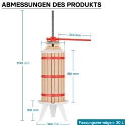 Wiltec 30L Obstpresse aus Buchenholz Saftpresse mit 3 passenden Presstüchern Weinpresse aus Holz Apfelpresse zum Wein Apfelsaft selber machen