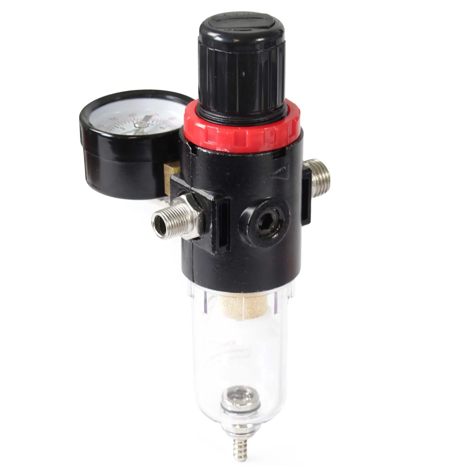 Wiltec Luftfilter mit Wasserabscheider und Druckregler bis 7 bar für Airbrush Kompressor, 2x 12,91 mm (1/4"), 9,51 mm (1/8") Adapter, Zubehör