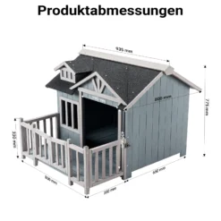 Wiltec Luxus XL Hundehütte 93,5 x 77,5 x 70 cm, grau weiß, Hundehaus aus Holz mit Veranda, Hundehöhle Outdoor für Balkon Garten Terrasse