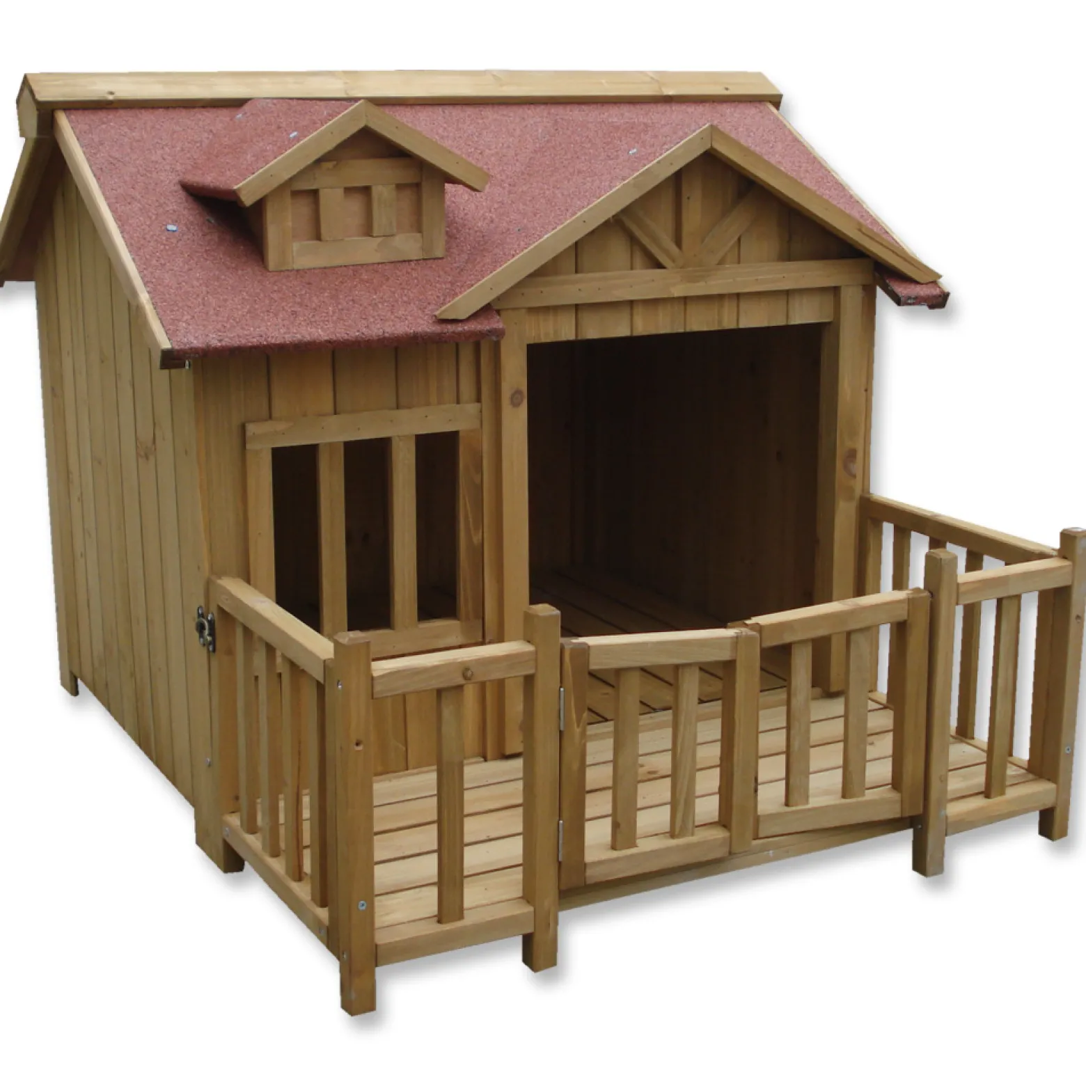 Wiltec Luxus XL Hundehütte 93,5 x 77,5 x 70 cm, braun, Hundehaus aus Holz mit Veranda, Hundehöhle Outdoor für Balkon Garten Terrasse