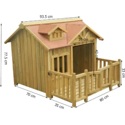 Wiltec Luxus XL Hundehütte 93,5 x 77,5 x 70 cm, braun, Hundehaus aus Holz mit Veranda, Hundehöhle Outdoor für Balkon Garten Terrasse
