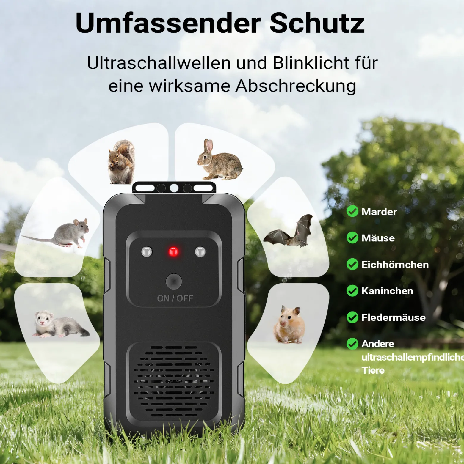 Wiltec Marderschreck mit Ultraschall und LED-Blitz für 20 m², batteriebetriebene Marderabwehr für Auto, Haus und Garten mit automatischer Ein- und Ausschaltfunktion