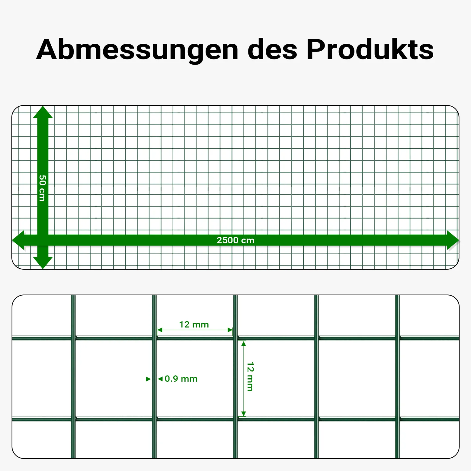 Wiltec Maschendrahtzaun Grün 1x25 m 50 cm Höhe 0,9 mm Stärke 12x12 mm Maschengröße, Volierendraht 4-Eck aus Stahl verzinkt, Drahtgitter, Vogeldraht