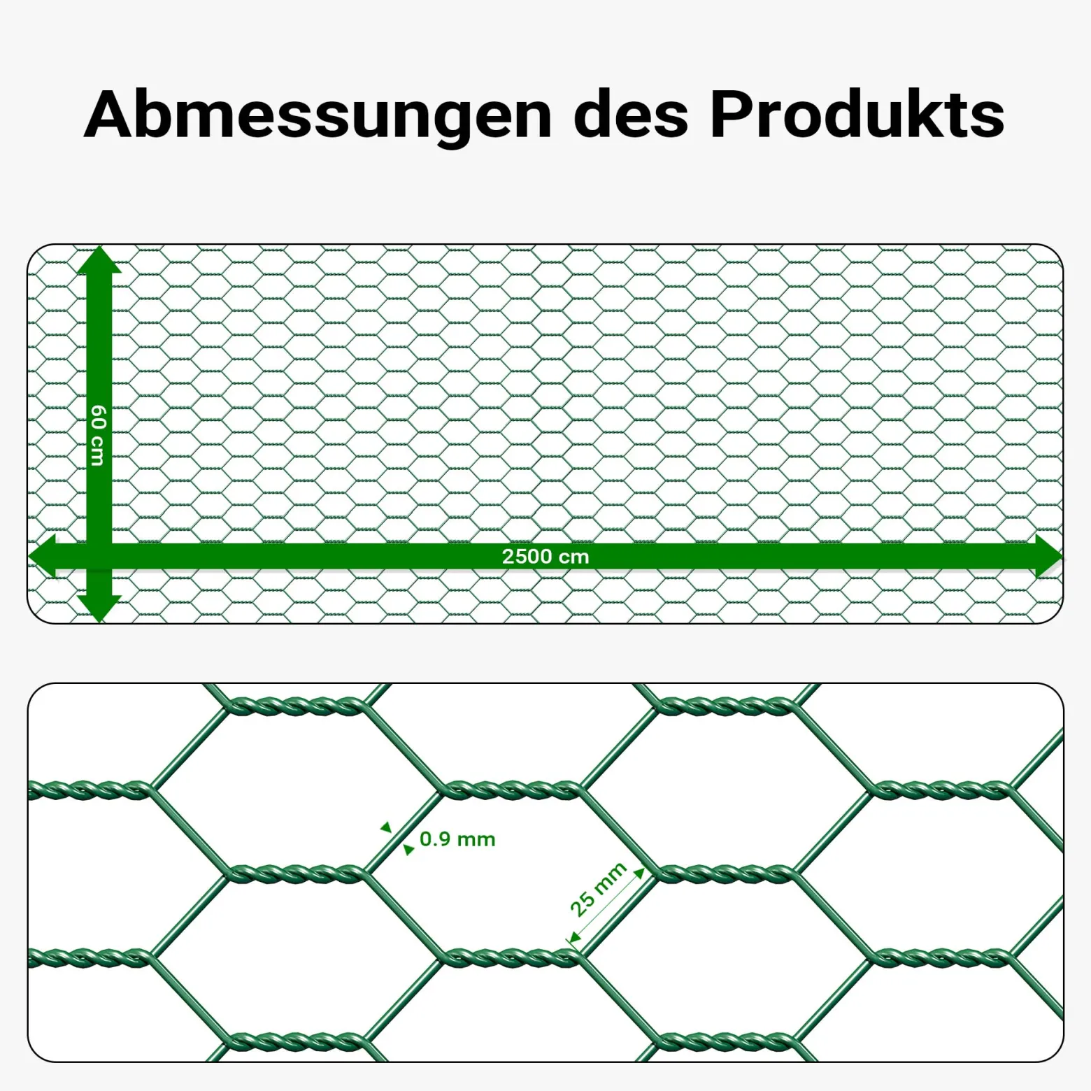 Wiltec Maschendrahtzaun Grün 60 cm x 25 m, 0,9 mm Stärke 25x25 mm Maschengröße, Volierendraht 6-Eck aus Stahl verzinkt, Drahtgitter, Vogeldraht