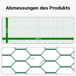 Wiltec Maschendrahtzaun Grün 120 cm x10 m, 0,6 mm Stärke 25x25 mm Maschengröße, Volierendraht 6-Eck aus Stahl verzinkt, Drahtgitter, Vogeldraht