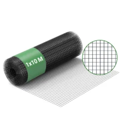 Wiltec Maschendrahtzaun Schwarz 1x10 m 100 cm Höhe 1,42 mm Stärke 25x25 mm Maschengröße, Volierendraht 4-Eck aus Stahl verzinkt, Drahtgitter, Vogeldraht