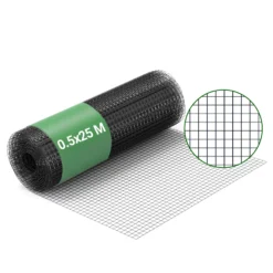 Wiltec Maschendrahtzaun Schwarz 1x25 m 50 cm Höhe 1,42 mm Stärke 25x25 mm Maschengröße, Volierendraht 4-Eck aus Stahl verzinkt, Drahtgitter, Vogeldraht
