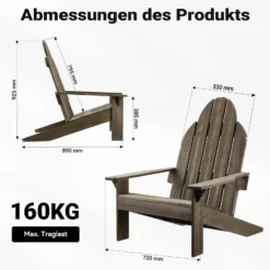 Wiltec Massivholz Adirondack Gartenstuhl 89 x 72 x 92,5 cm, Gartenstuhl aus Holz bis 160 kg, ergonomischer Gartensessel aus Kiefer, Gartenmöbel zeitlos massiv