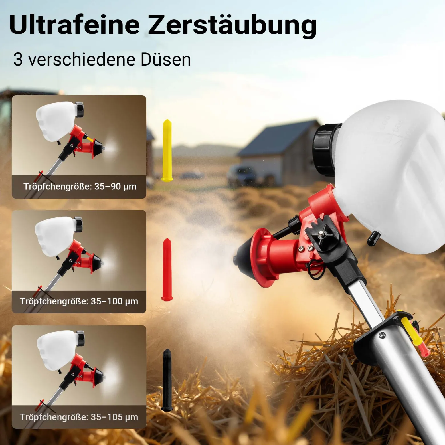 Wiltec MicroULV+ Sprühgerät batteriebetrieben mit 3 Düsen 45-115 ml/min, Sprüher 125 x 23 cm für Staubbindemittel RevestoPur® ideal für Pferdestall