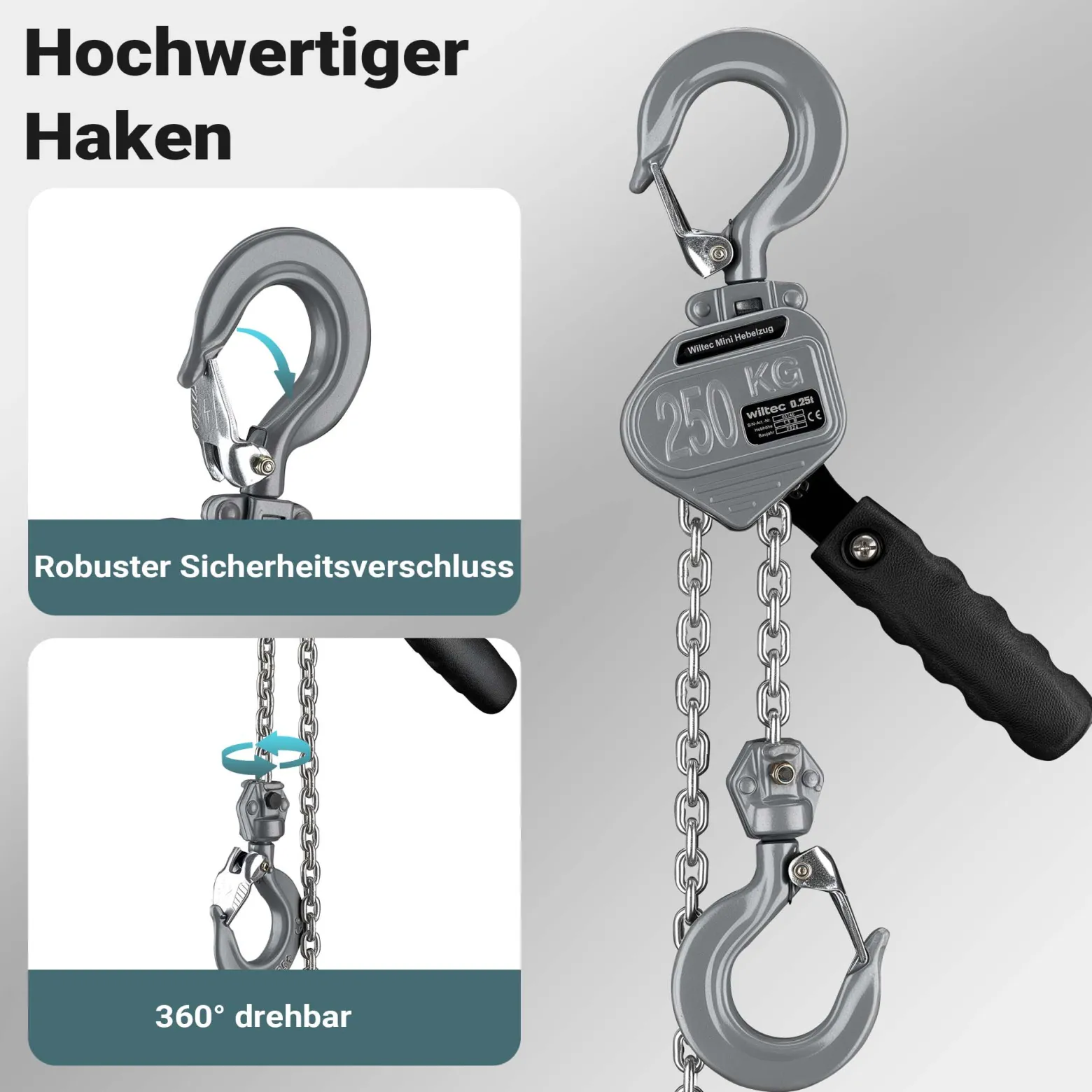 Wiltec Mini Hebelzug bis 250 kg, robuster Handkettenzug 1,5 m Hubhöhe, Kettenzug aus Aluminium, manueller Hebelzug, hochbelastbares Hebemittel