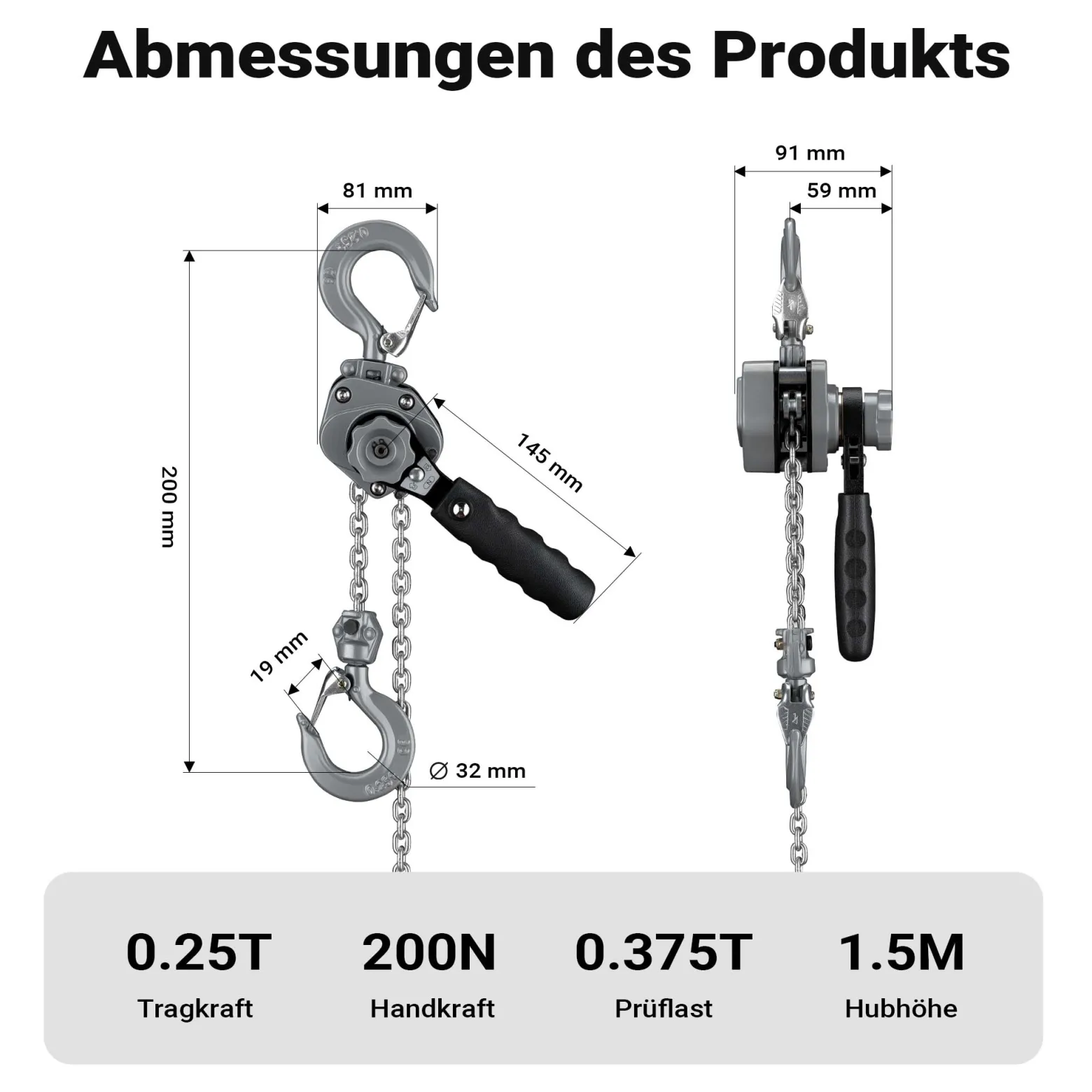 Wiltec Mini Hebelzug bis 250 kg, robuster Handkettenzug 1,5 m Hubhöhe, Kettenzug aus Aluminium, manueller Hebelzug, hochbelastbares Hebemittel