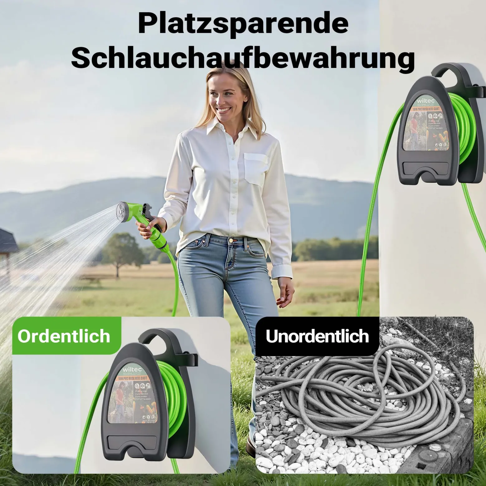 Wiltec Mini Schlauchabroller, Schlauchtrommel mit 10 m PVC Schlauch, Gartenschlauchtrommel aus PP, Wasserschlauch Trommel mit verstellbarer Düse