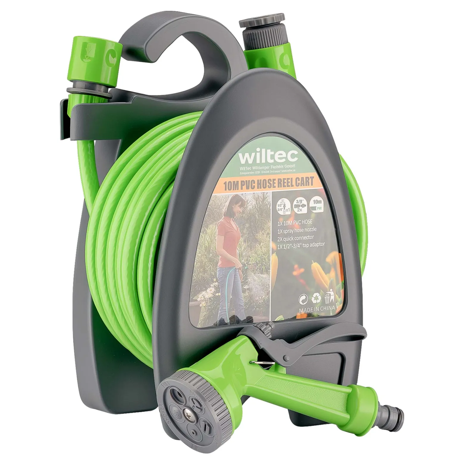 Wiltec Mini Schlauchabroller, Schlauchtrommel mit 10 m PVC Schlauch, Gartenschlauchtrommel aus PP, Wasserschlauch Trommel mit verstellbarer Düse