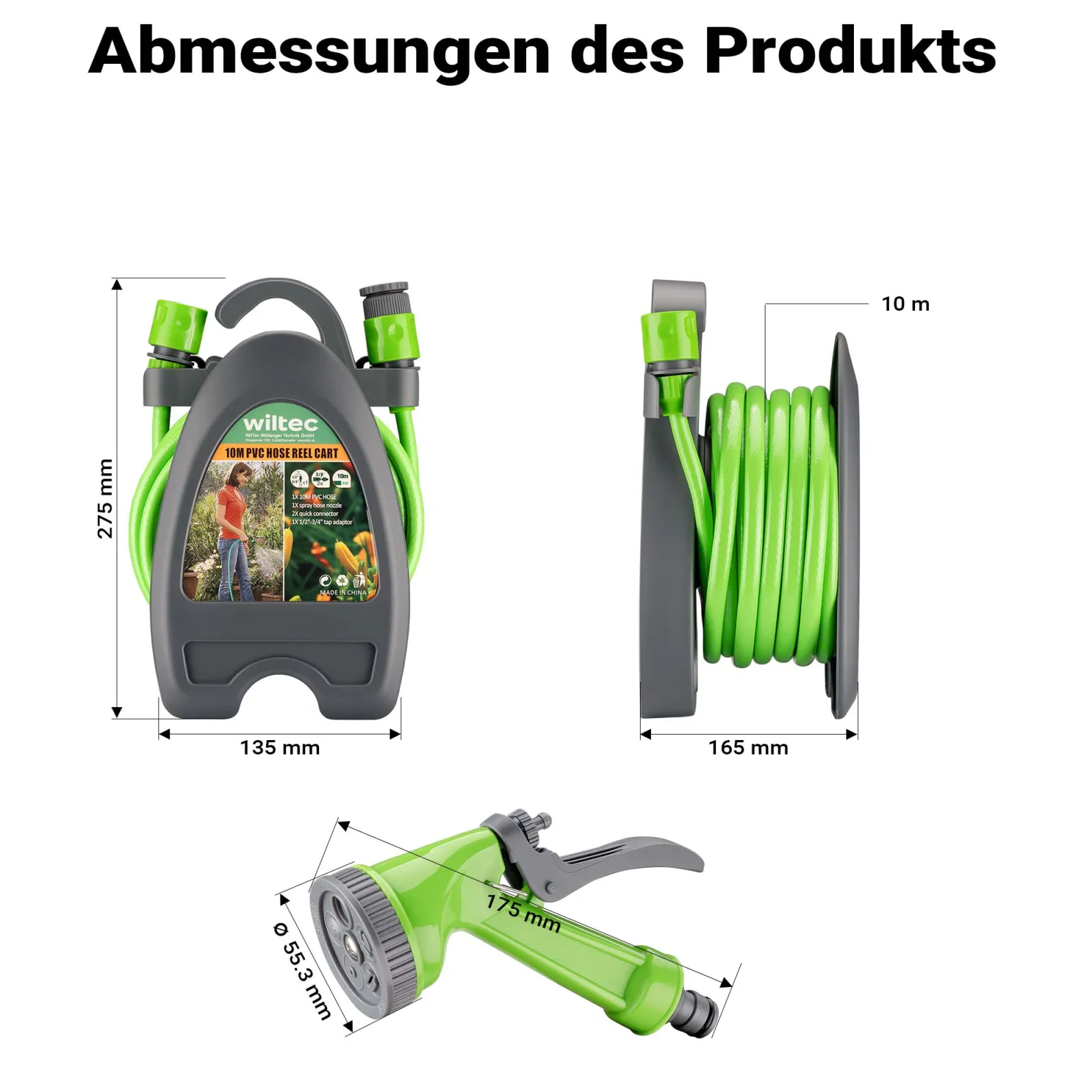 Wiltec Mini Schlauchabroller, Schlauchtrommel mit 10 m PVC Schlauch, Gartenschlauchtrommel aus PP, Wasserschlauch Trommel mit verstellbarer Düse