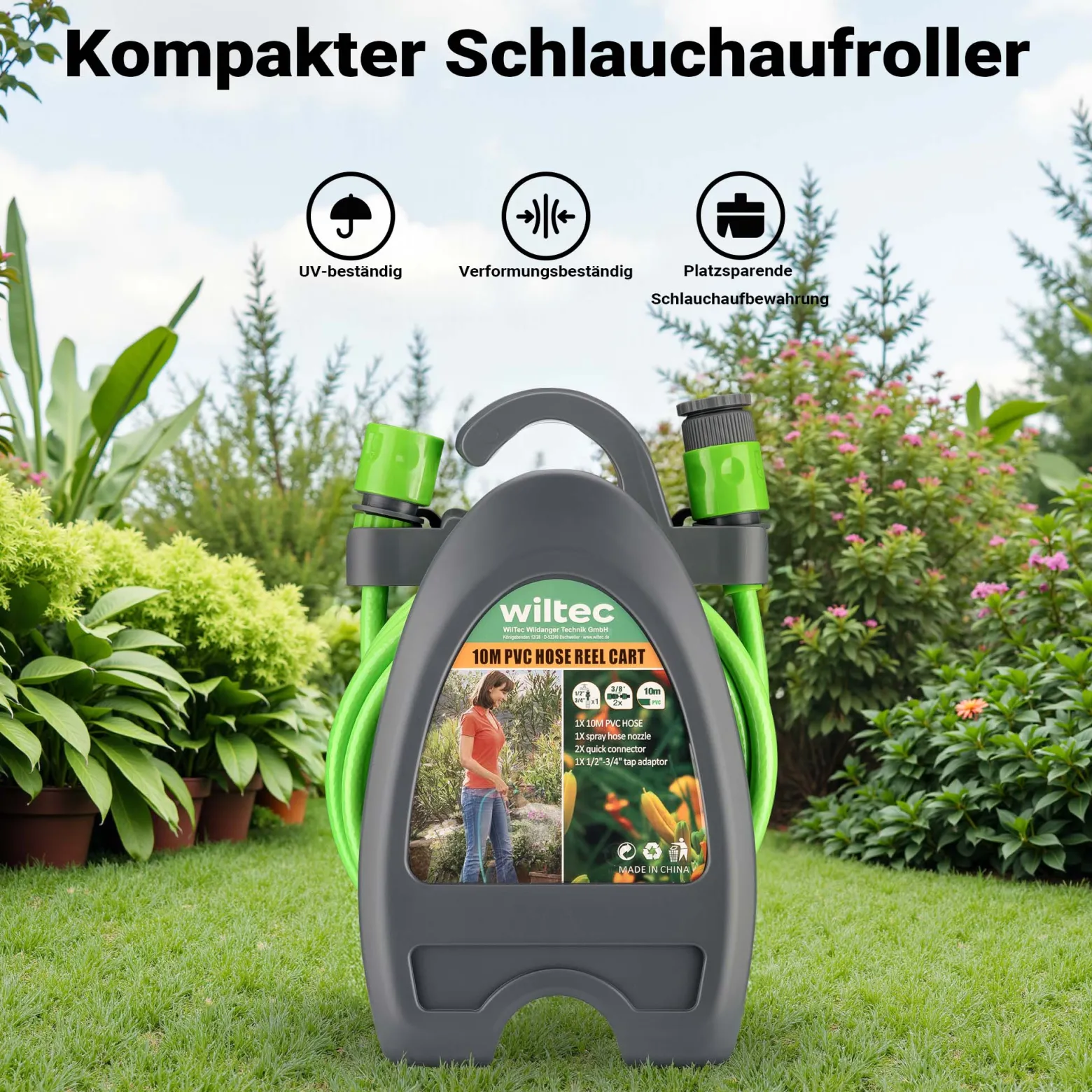 Wiltec Mini Schlauchabroller, Schlauchtrommel mit 10 m PVC Schlauch, Gartenschlauchtrommel aus PP, Wasserschlauch Trommel mit verstellbarer Düse