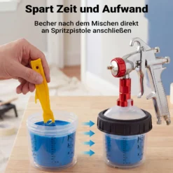 Wiltec Mischbechersystem 600 ml 50x Filter 125 μm, Lackmischbecher Set mit Deckeln, Innenbechern und Messbecher, Farbmischbecher für Autolackierung