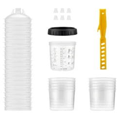 Wiltec Mischbechersystem 600 ml 50x Filter 125 μm, Lackmischbecher Set mit Deckeln, Innenbechern und Messbecher, Farbmischbecher für Autolackierung
