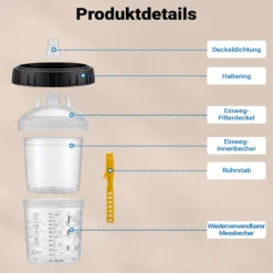 Wiltec Mischbechersystem 600 ml 50x Filter 125 μm, Lackmischbecher Set mit Deckeln, Innenbechern und Messbecher, Farbmischbecher für Autolackierung