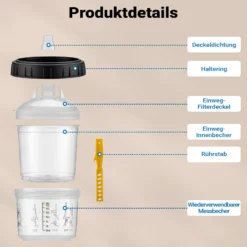 Wiltec Mischbechersystem 200 ml 50x Filter 125 μm, Lackmischbecher Set mit Deckeln, Innenbechern und Messbecher, Farbmischbecher für Autolackierung