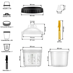 Wiltec Mischbechersystem 200 ml 50x Filter 125 μm, Lackmischbecher Set mit Deckeln, Innenbechern und Messbecher, Farbmischbecher für Autolackierung