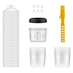 Wiltec Mischbechersystem 200 ml 50x Filter 125 μm, Lackmischbecher Set mit Deckeln, Innenbechern und Messbecher, Farbmischbecher für Autolackierung