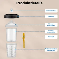 Wiltec Mischbechersystem 800 ml 50x Filter 125 μm, Lackmischbecher Set mit Deckeln, Innenbechern und Messbecher, Farbmischbecher für Autolackierung