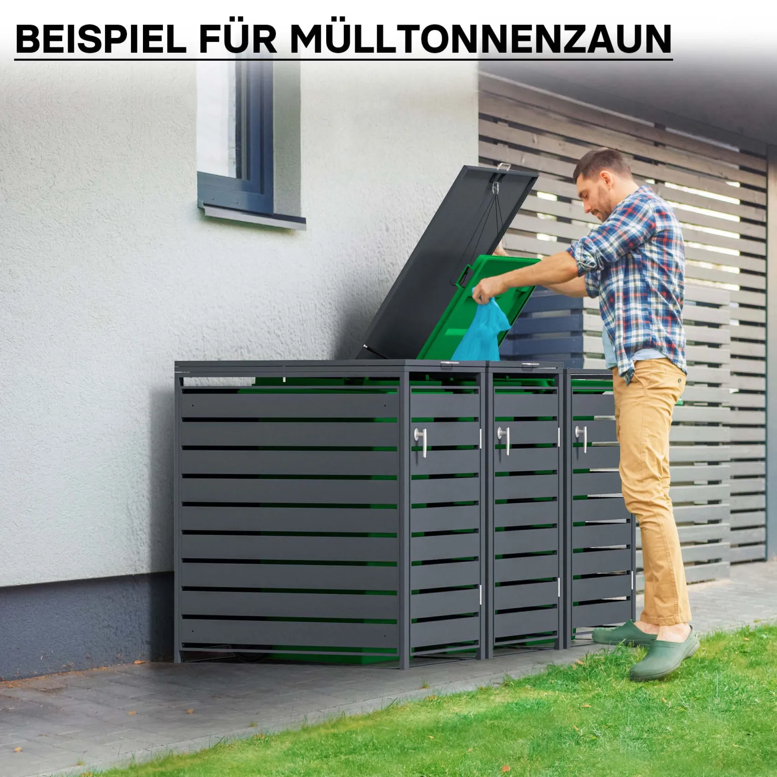 Wiltec Mülltonnenbox für eine Tonne in Anthrazit, abschließbare Mülltonnenverkleidung mit Klappdeckel, Mülltonnenzaun, Sichtschutzzaun